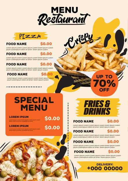 a restaurant menu with pizza and fries on it