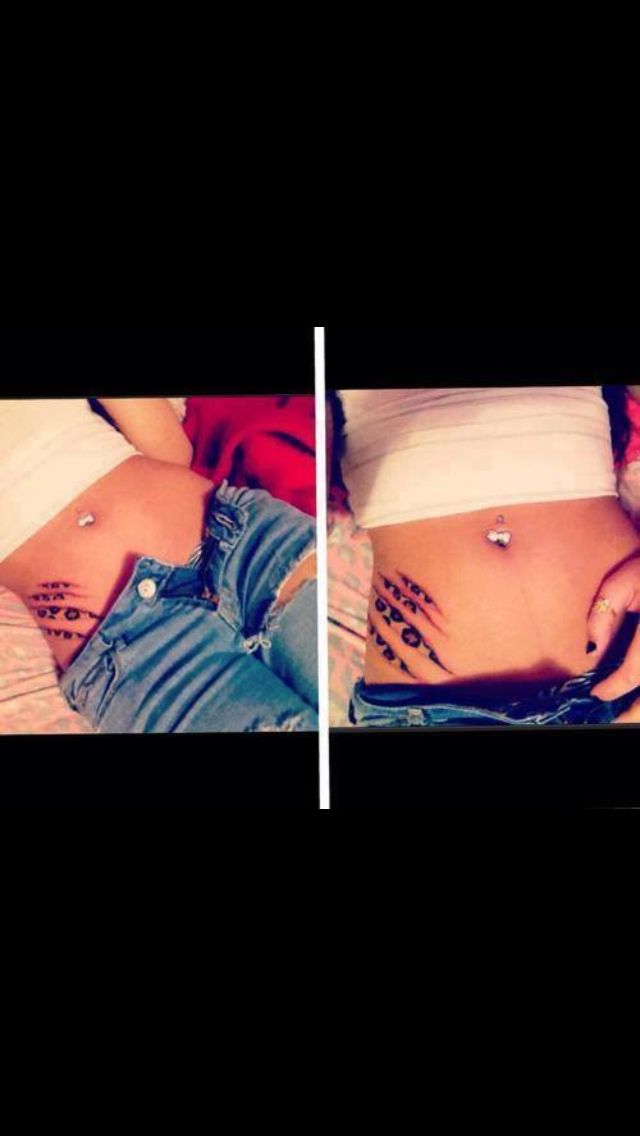 two pictures of the same woman's stomach with tattoos on her belly and side