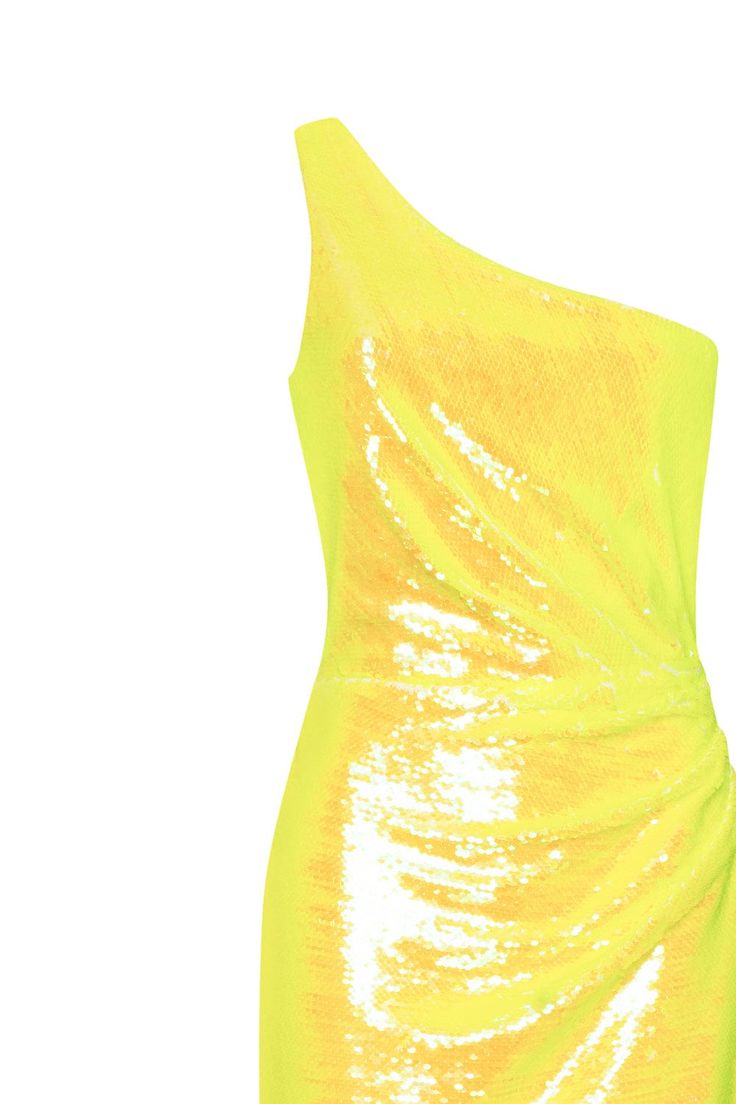 Vivid one-shoulder yellow sparkling wrapped midi dress ➤➤ Milla Dresses - USA, Worldwide delivery Milla Dresses, Dresses Sparkle, Shine Dress, Dress Party Wear, Skirt Details, Sequins Fabric, Dress Weights, Usa Dresses, Wrap Midi Dress