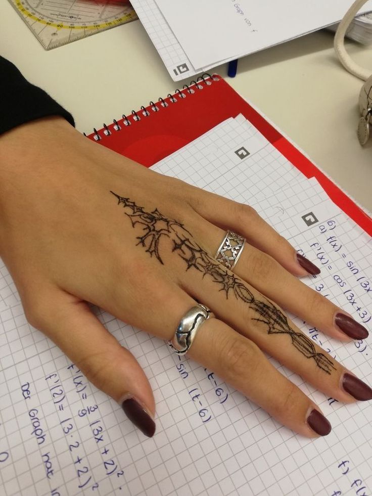 a woman's hand with tattoos on it sitting next to a pen and paper