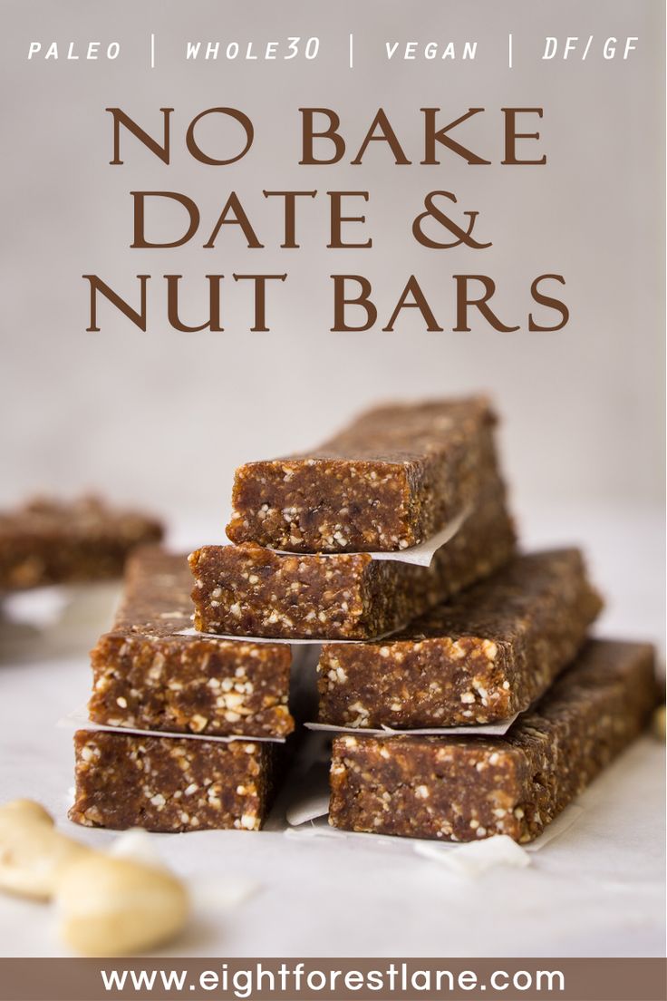 no bake date and nut bars stacked on top of each other with text overlay