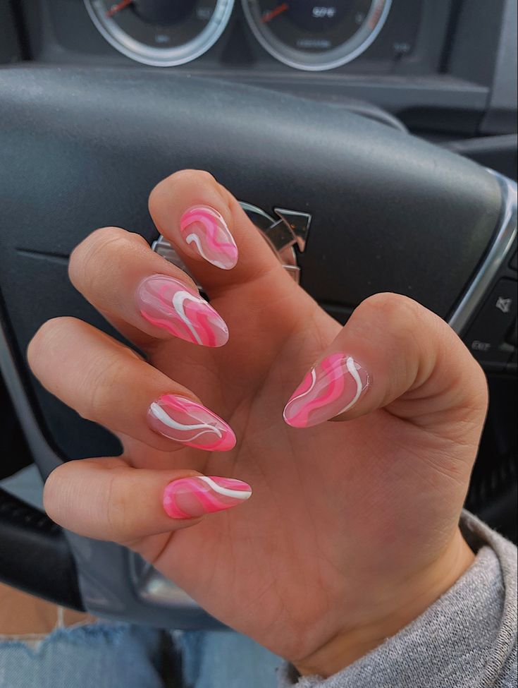 Swirly Nail Designs Pink, Pink Squiggle Nails, Crave Book, Formal Nails, Simple Acrylic Nails, Almond Acrylic Nails, Party Nails, Acrylic Nails Coffin Short, Summer Acrylic Nails