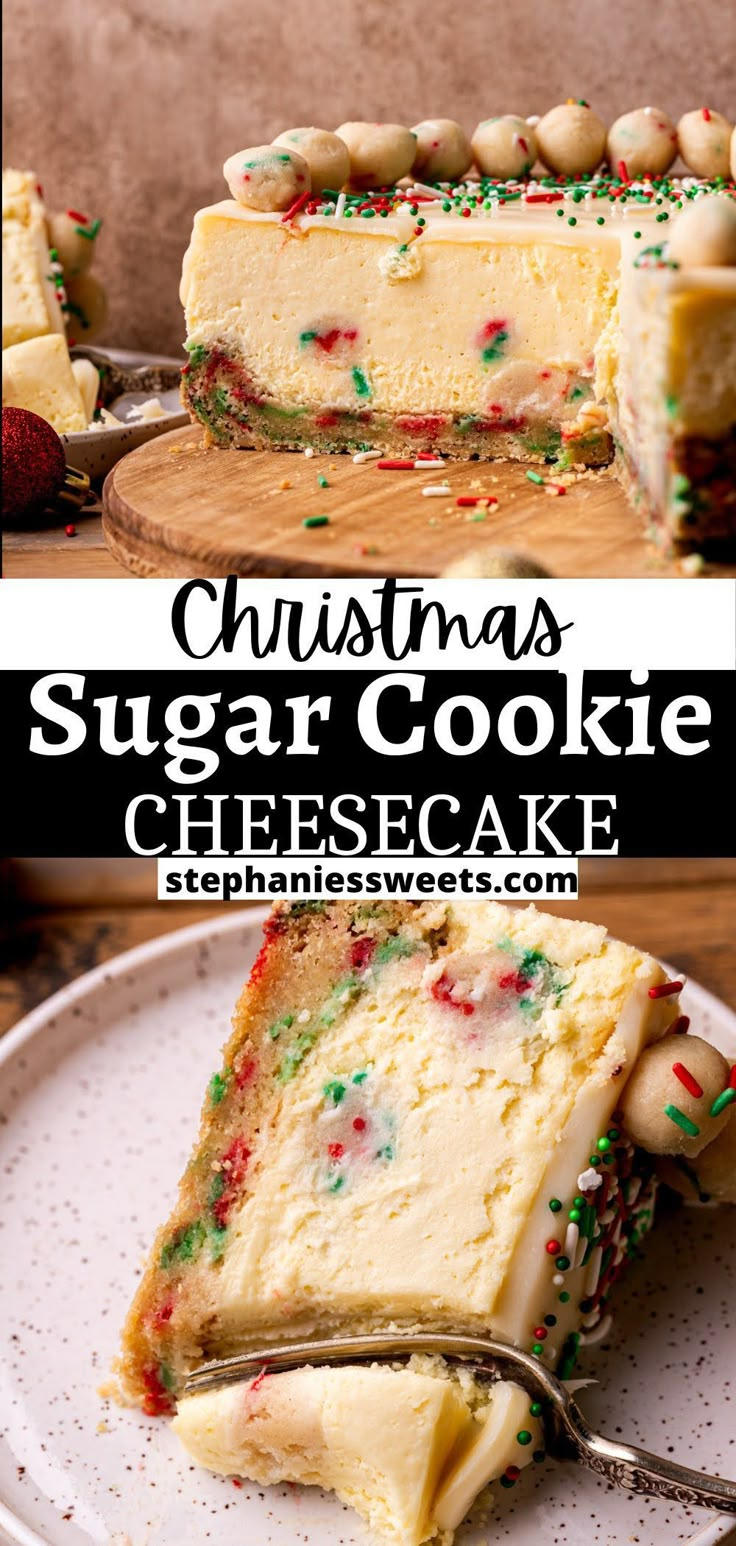 a slice of christmas sugar cookie cheesecake on a plate