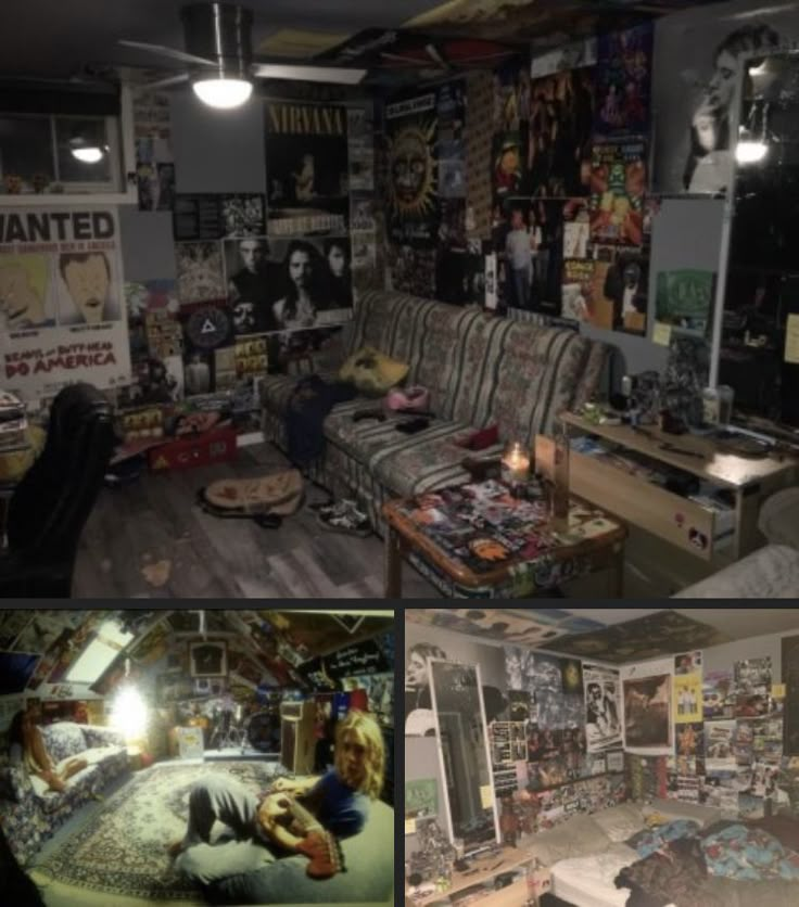 a room filled with lots of clutter and pictures on the walls, including a couch