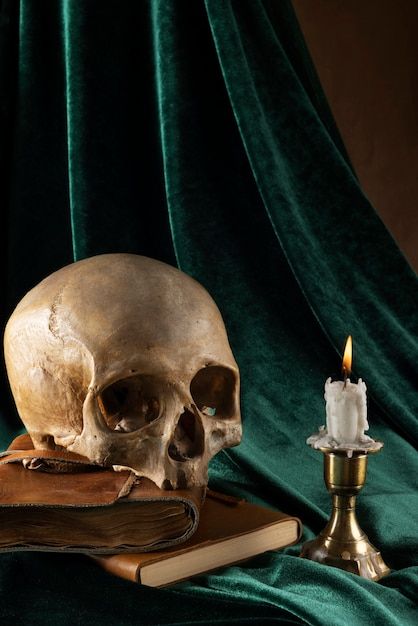 a human skull sitting on top of a book next to a candle and some candlesticks