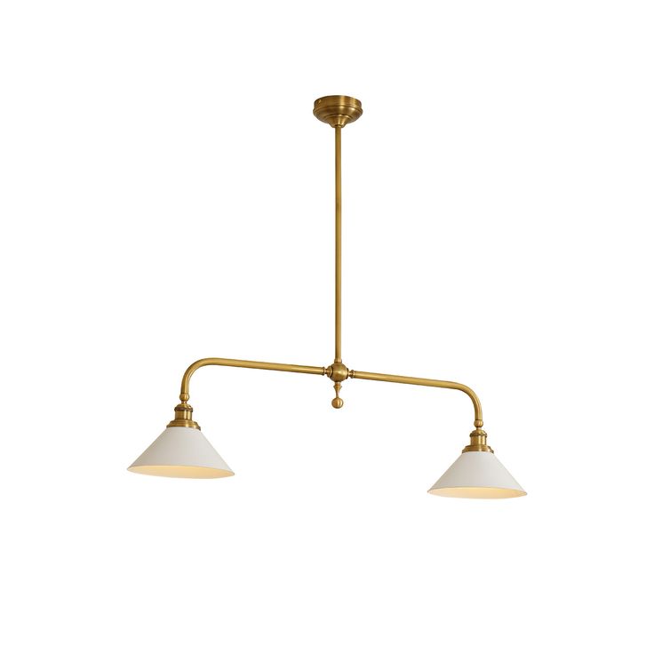 two lights hanging from the ceiling in an old fashioned brass finish with white glass shades