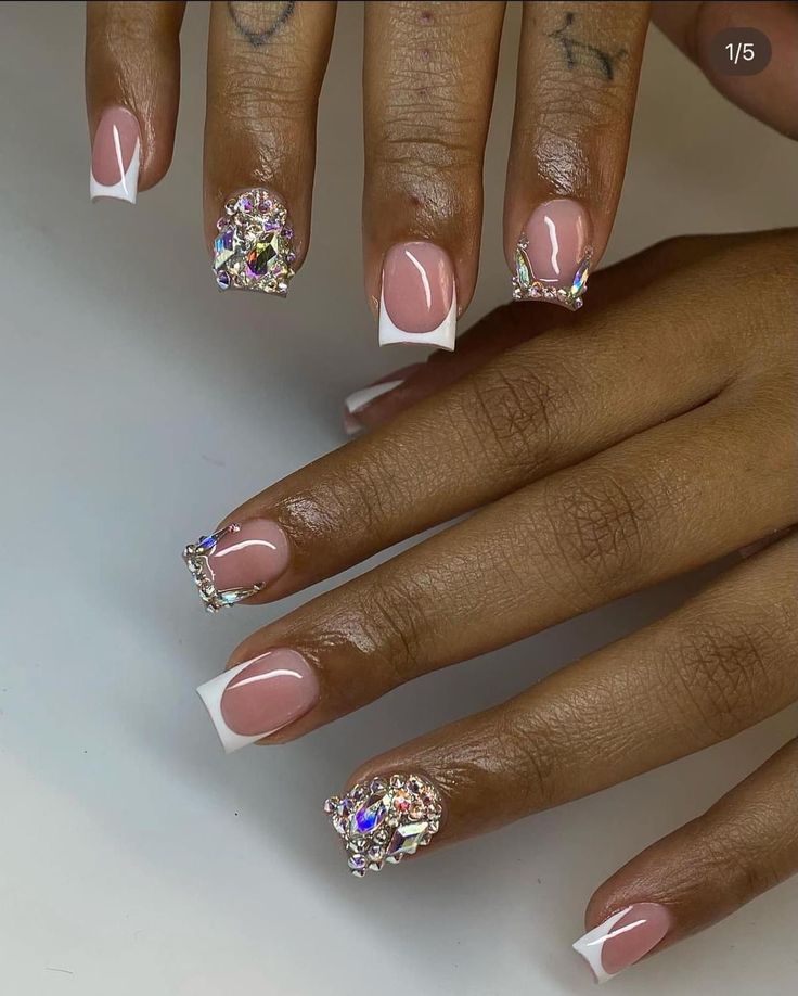 French Nails With Design Creative, Short Acrylic Nails With Jewels, Blinged Short Nails, Short Rhinestone French Tip Nails, Short French Tip Acrylic Nails Diamond, Short Nails Ideas With Rhinestones, Shorties Acrylic Nails French Tip, Rinestine Nails Short, Short Crystal Nails