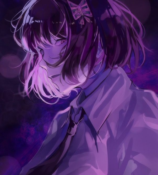 an anime character with long hair wearing a purple shirt and tie, looking to the side