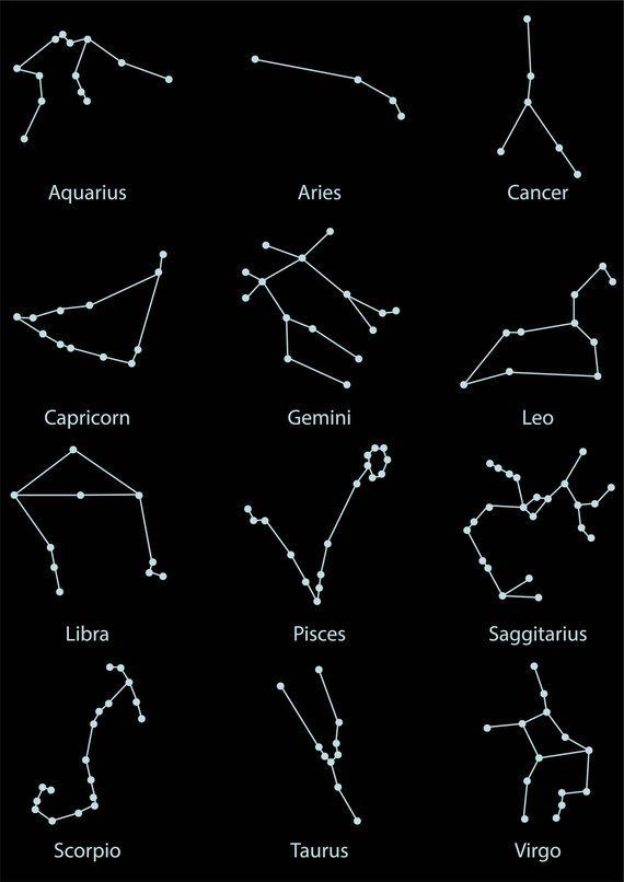 zodiac signs and their names on a black background