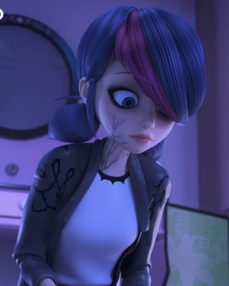 a cartoon character with purple hair and blue eyes standing in front of a computer screen