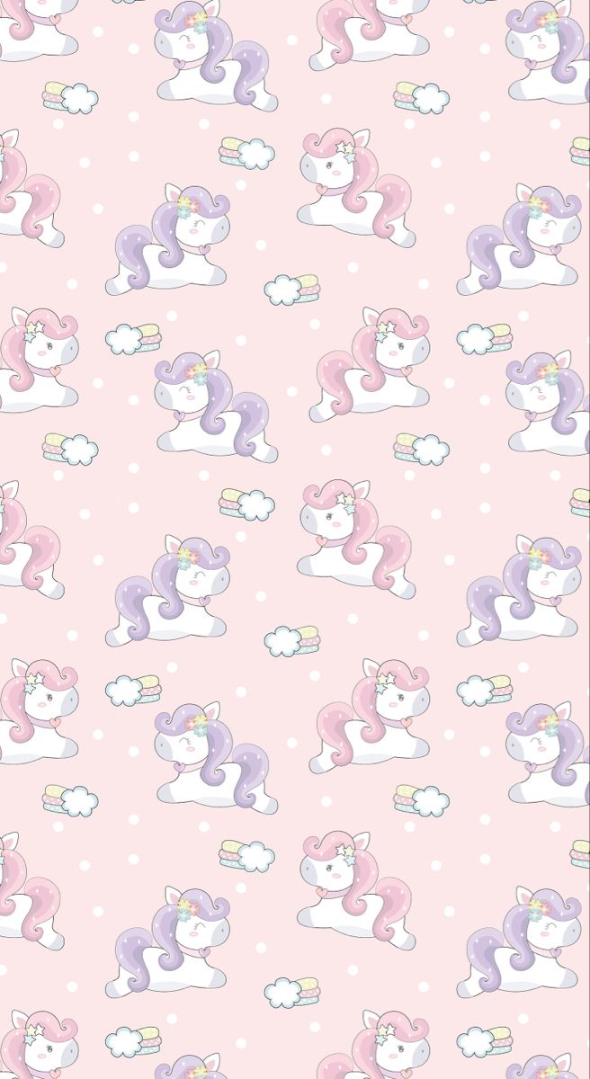 a pink wallpaper with unicorns and clouds on it