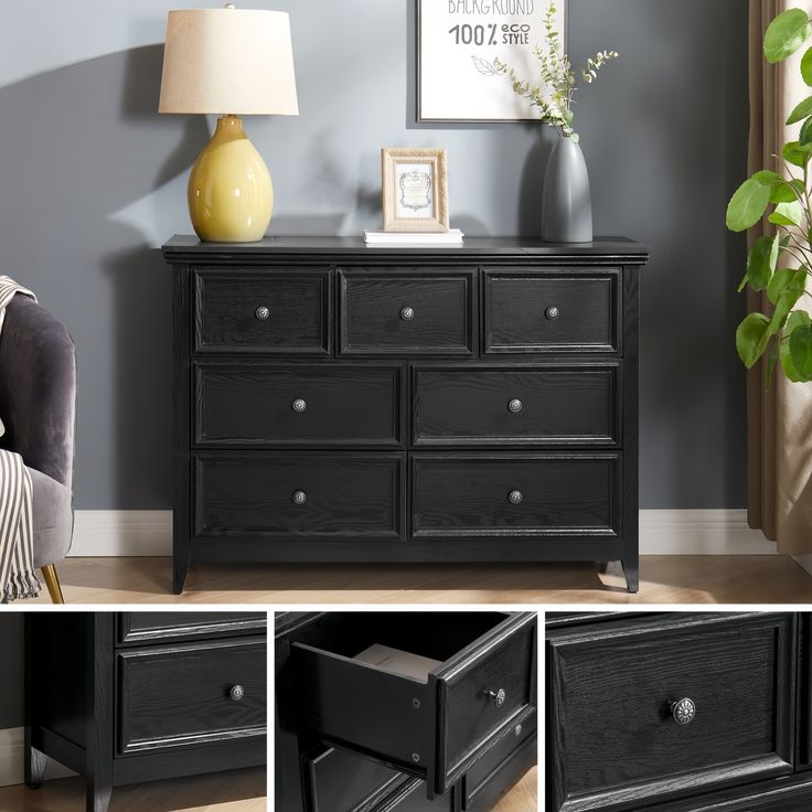 there is a black dresser with drawers in the room