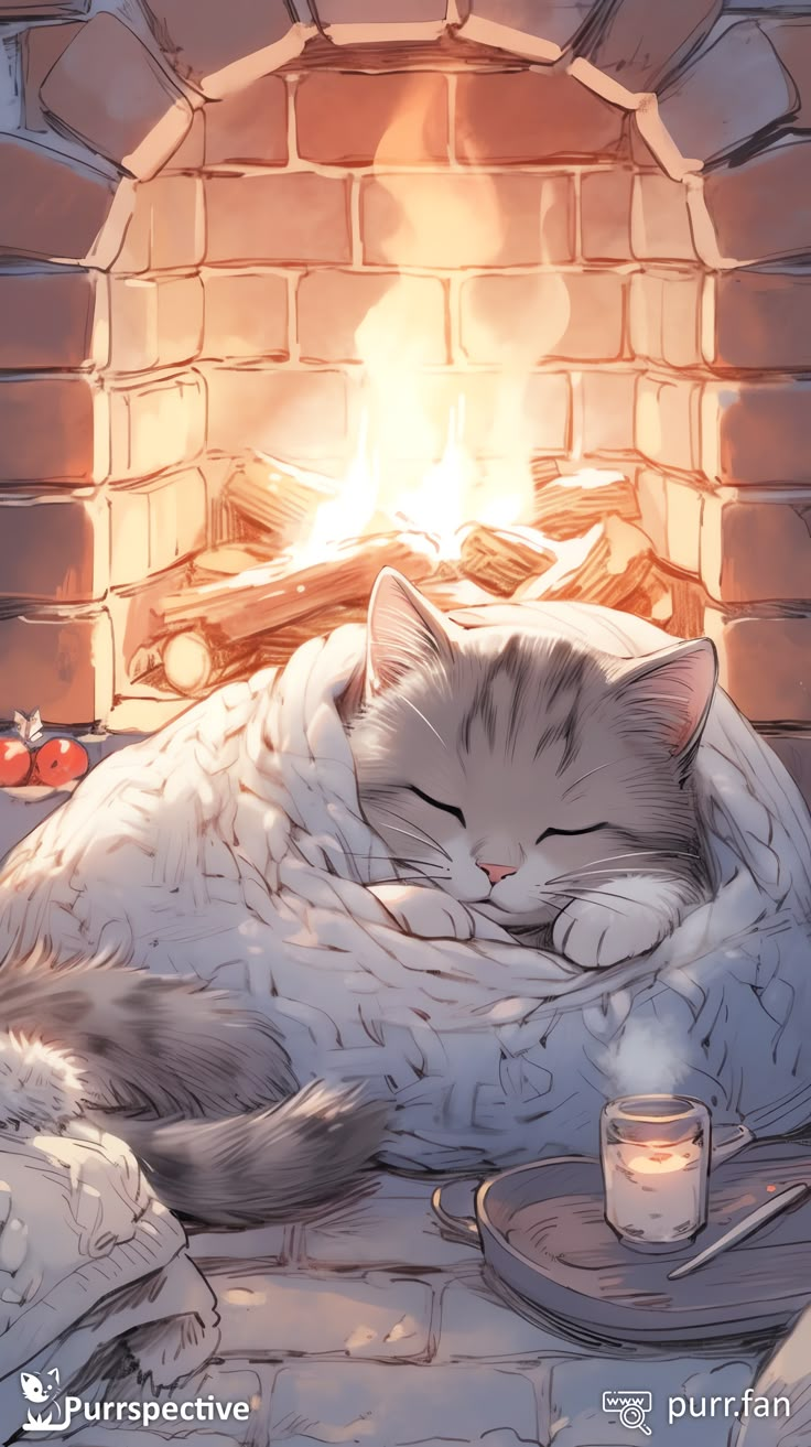 a cat that is laying down in front of a fire place with its eyes closed