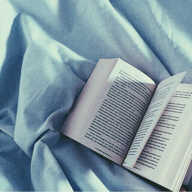 an open book sitting on top of a bed next to a blue comforter covered in sheets