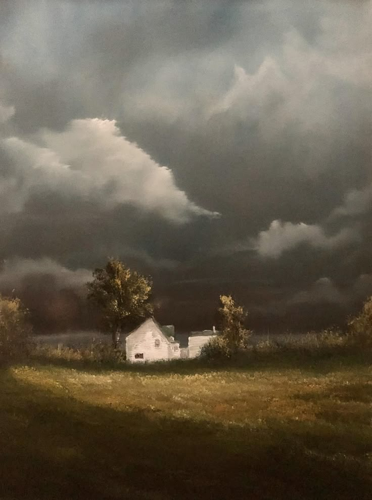 a painting of a white house in the middle of a field under a cloudy sky