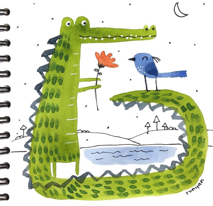 a drawing of a crocodile with a bird on its back