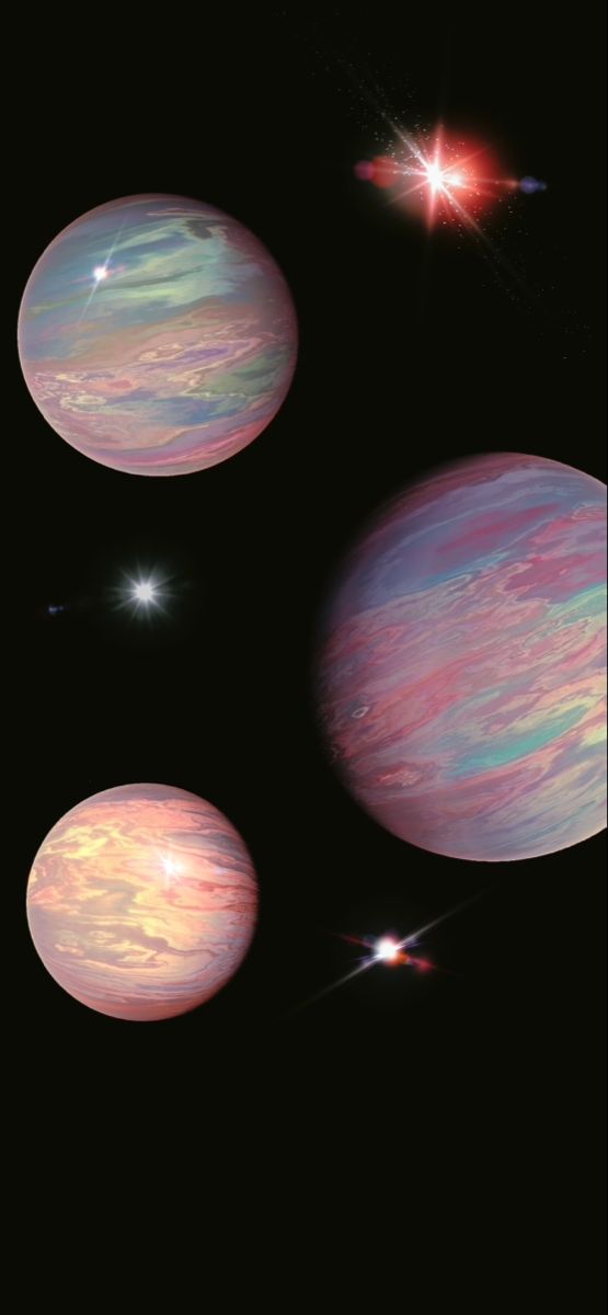 three planets are shown in the sky with bright colors and stars around them, as well as