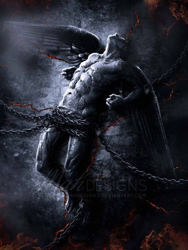 an angel with chains around it's neck and hands on his chest, in the dark