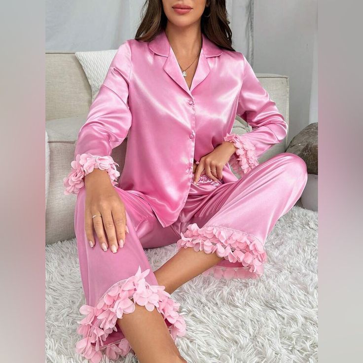 Women's Floral Applique Sleeve Cuffs And Hem Pajama Set Brand New Never Worn Sleepwear Aesthetic, Nye 2024, Aliexpress Dresses, Pink Pajamas, Silk Outfit, Satin Pyjama Set, Pink Collars, Pajama Party, Pajamas Set