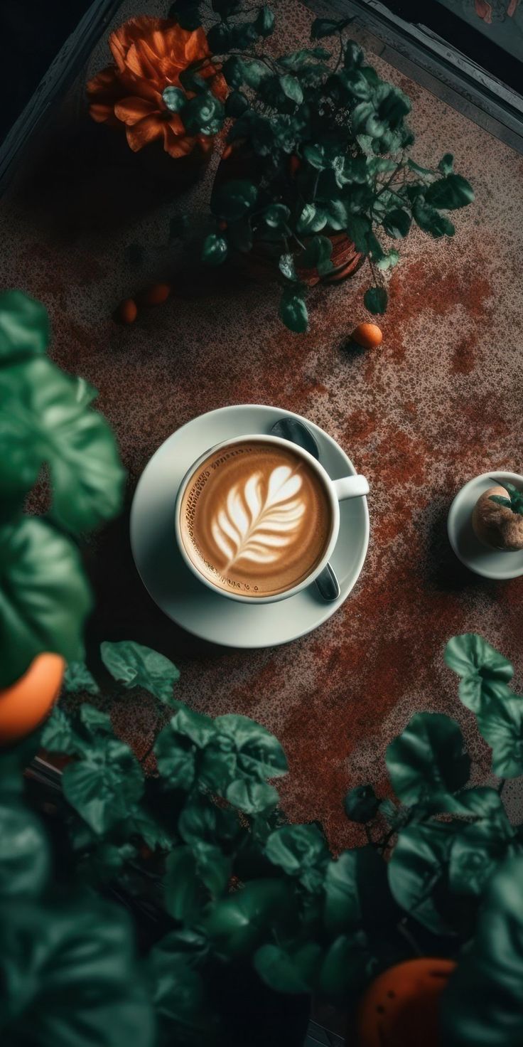 a cappuccino on a saucer surrounded by greenery and oranges