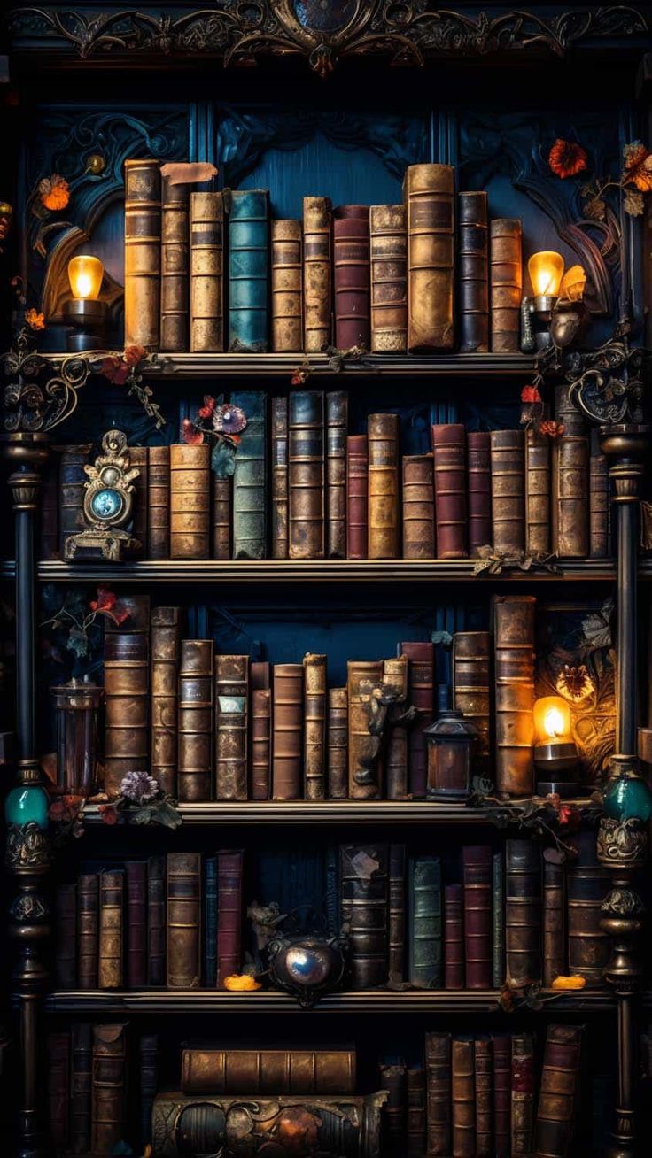 a bookshelf filled with lots of books next to a candle lit wall mounted clock