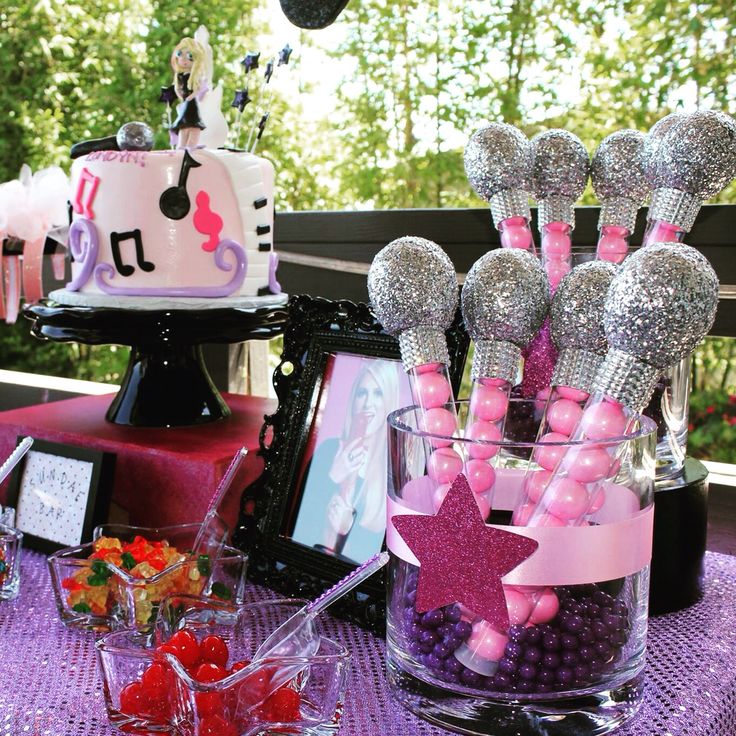 a table topped with cake pops and candy