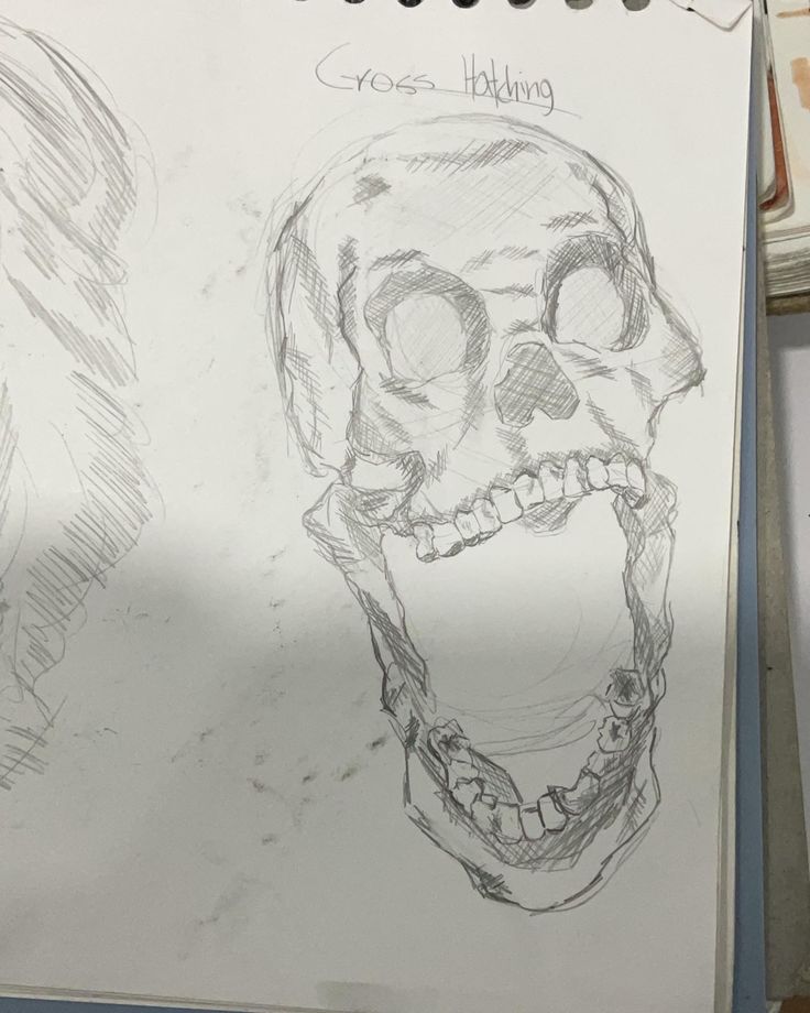 a drawing of a human skull with teeth on it's side and another image of a man's head in the background