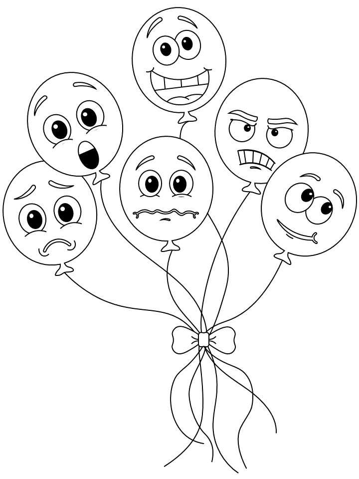 balloons with faces drawn on them and tied in a bow, coloring pages for kids