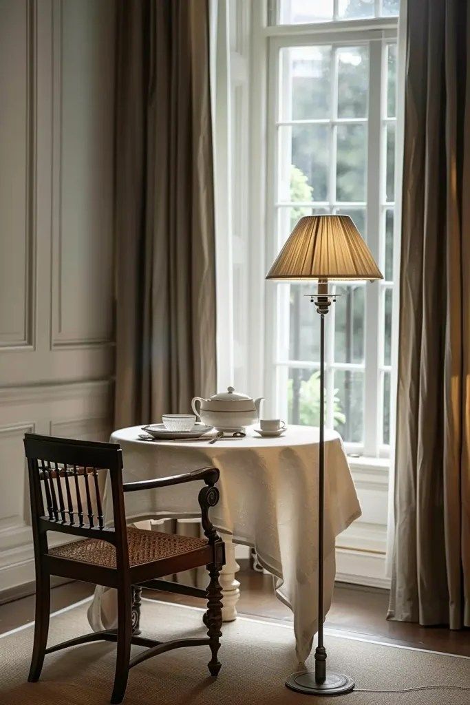 Solo Dinner Ideas for a Solo Dinner Date - A round table with linen table cloth by the tall white window, a charming vintage wooden chair, tea cup, saucer, milk jug and a white ceramic tea pot - preparing for a solo dinner at home! A self care, self-love ritual - a Hygge Moment to end the day on a happy note. Solo Dinner, Hygge Moments, Table For One, Fancy Table, Indulgent Food, Table Manners, Dinner At Home, Dessert Fork, Save Room