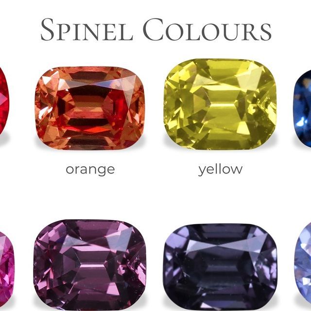 different colored gems are shown in this image with the words, spini colours orange, yellow, pink, and blue