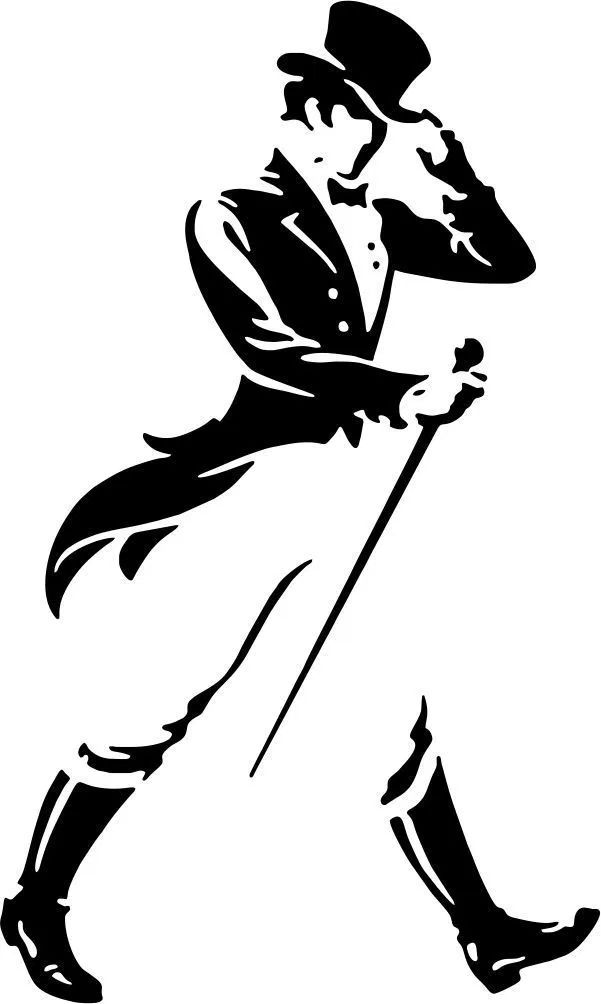 a black and white drawing of a man in a top hat with a cane walking