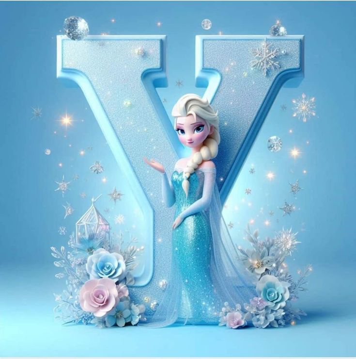 the letter y is made up of frozen princesses and snowflakes, as well as flowers