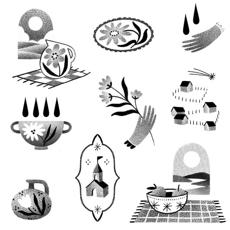 black and white illustration of various objects in the shape of flowers, leaves, and shapes