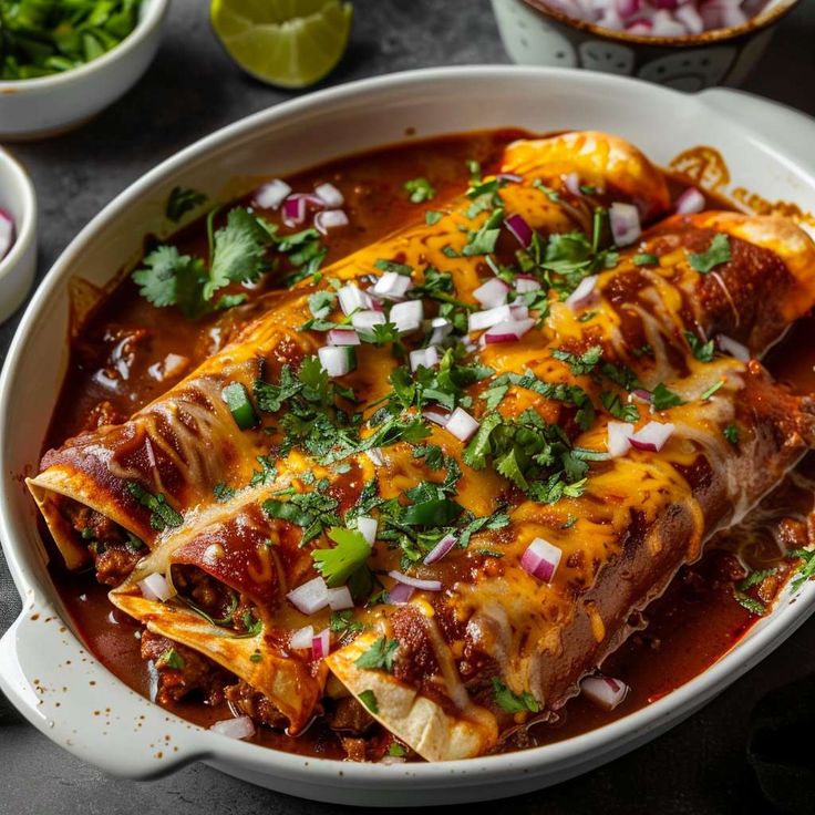 an enchilada dish in a white bowl with cilantro and onions