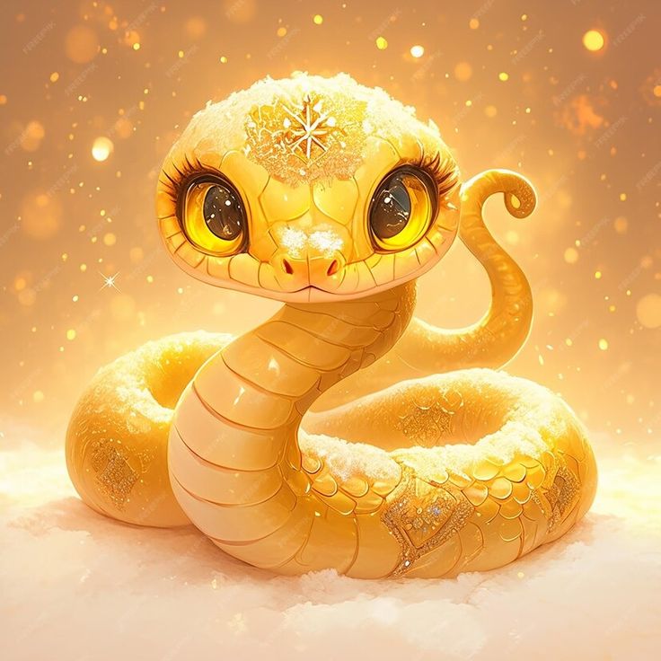 a yellow snake with big eyes sitting in the snow