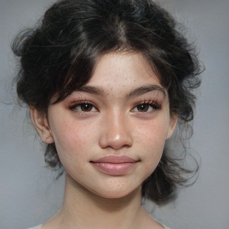 a close up of a young woman with dark hair and brown eyes, wearing a white top