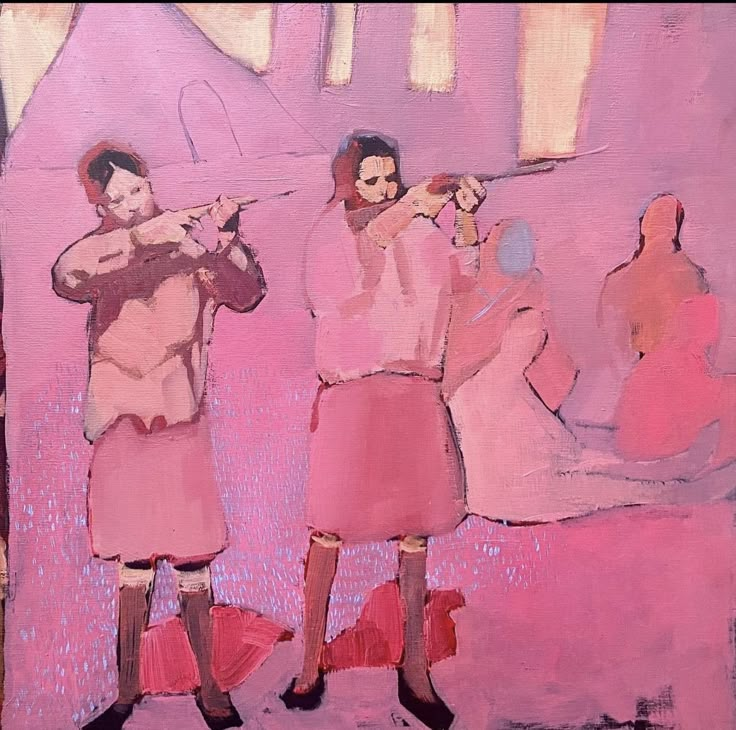 a painting of two people holding baseball bats