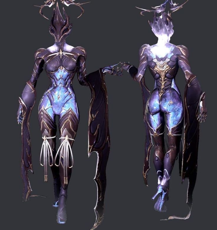 two different views of an alien woman in blue and gold armor, with her hands on her hips