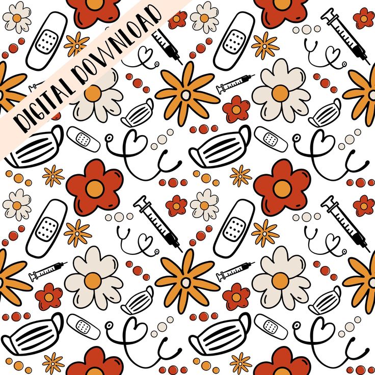 a pattern with flowers and medical equipment on it