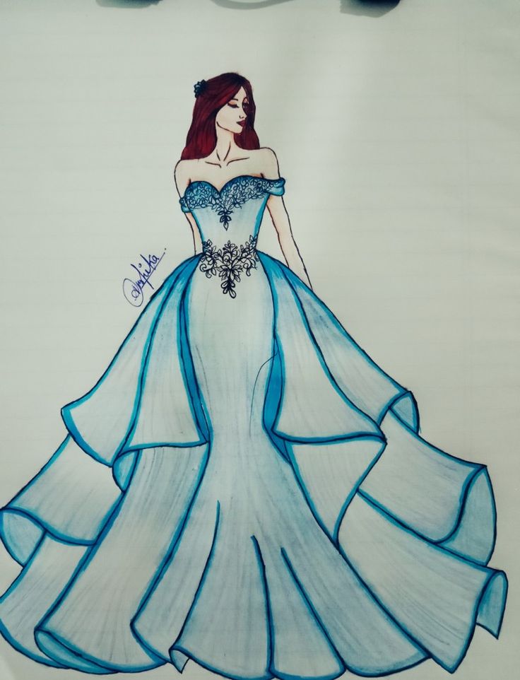 a drawing of a woman in a blue dress