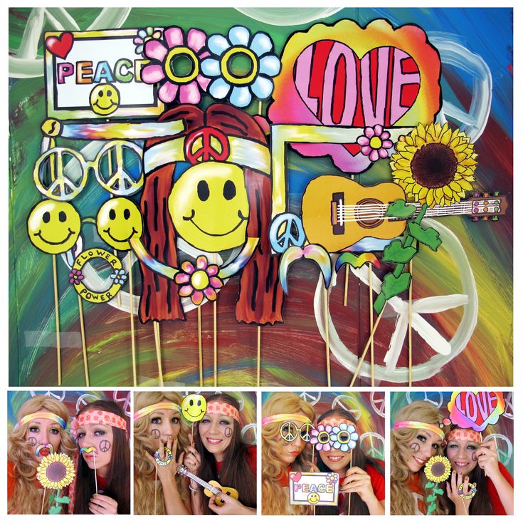 a collage of photos with the words love and smiley faces painted on them, along with pictures of people holding up peace signs