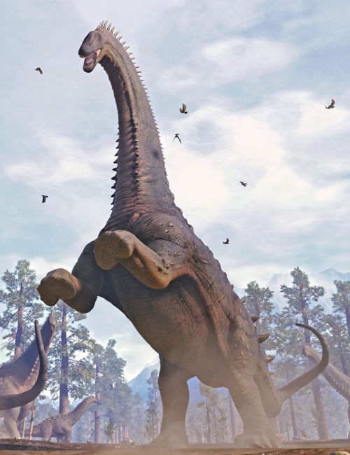 an artist's rendering of a dinosaur with its mouth open, standing in the middle of a forest