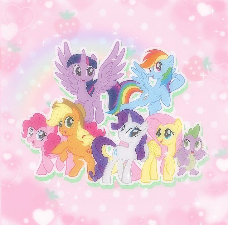 a group of little ponys standing in front of a pink background with hearts and stars