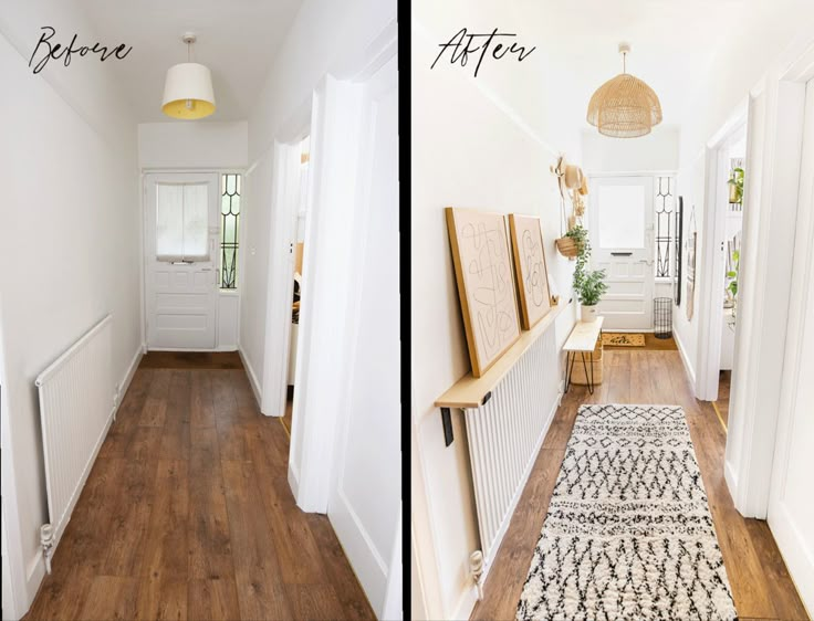 before and after photos of a hallway with white walls, wood flooring and rugs