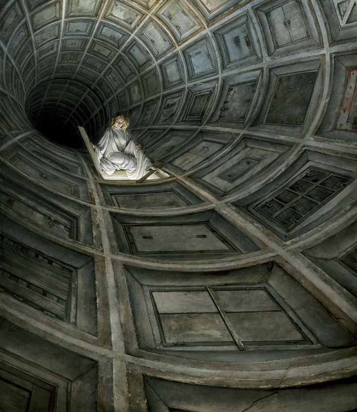 a painting of a man sitting in the middle of a tunnel looking up at something