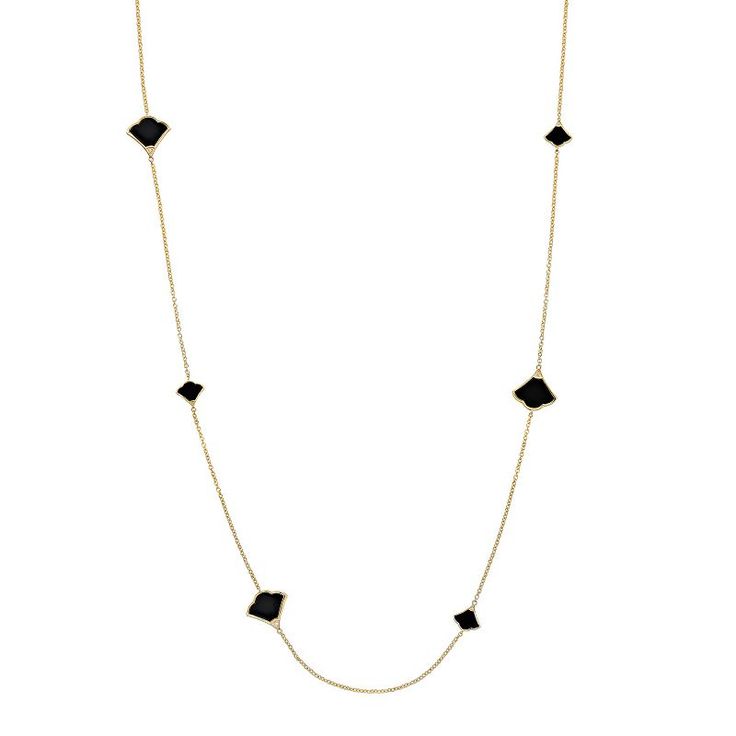 Polish off your formal style with this sterling silver black onyx necklace. Polish off your formal style with this sterling silver black onyx necklace. Metal: sterling silver Chain length: 32 in. with 1-in. extender Plating: 14k gold flash plated Packaging: boxed Finish: polished Chain type: cableSTONE DETAILS Stone type: cubic zirconia,Stone type: onyx Total weight: 1 ct. Center stone weight: 1 ct. Center stone size: 14 mm x 14 mm Setting: prong Size: 18". Gender: female. Age Group: adult. Black Onyx Necklace, Onyx Necklace, Formal Style, Sterling Silver Chain, Black Onyx, Chain Length, Sterling Silver Chains, Tassel Necklace, Chains Necklace