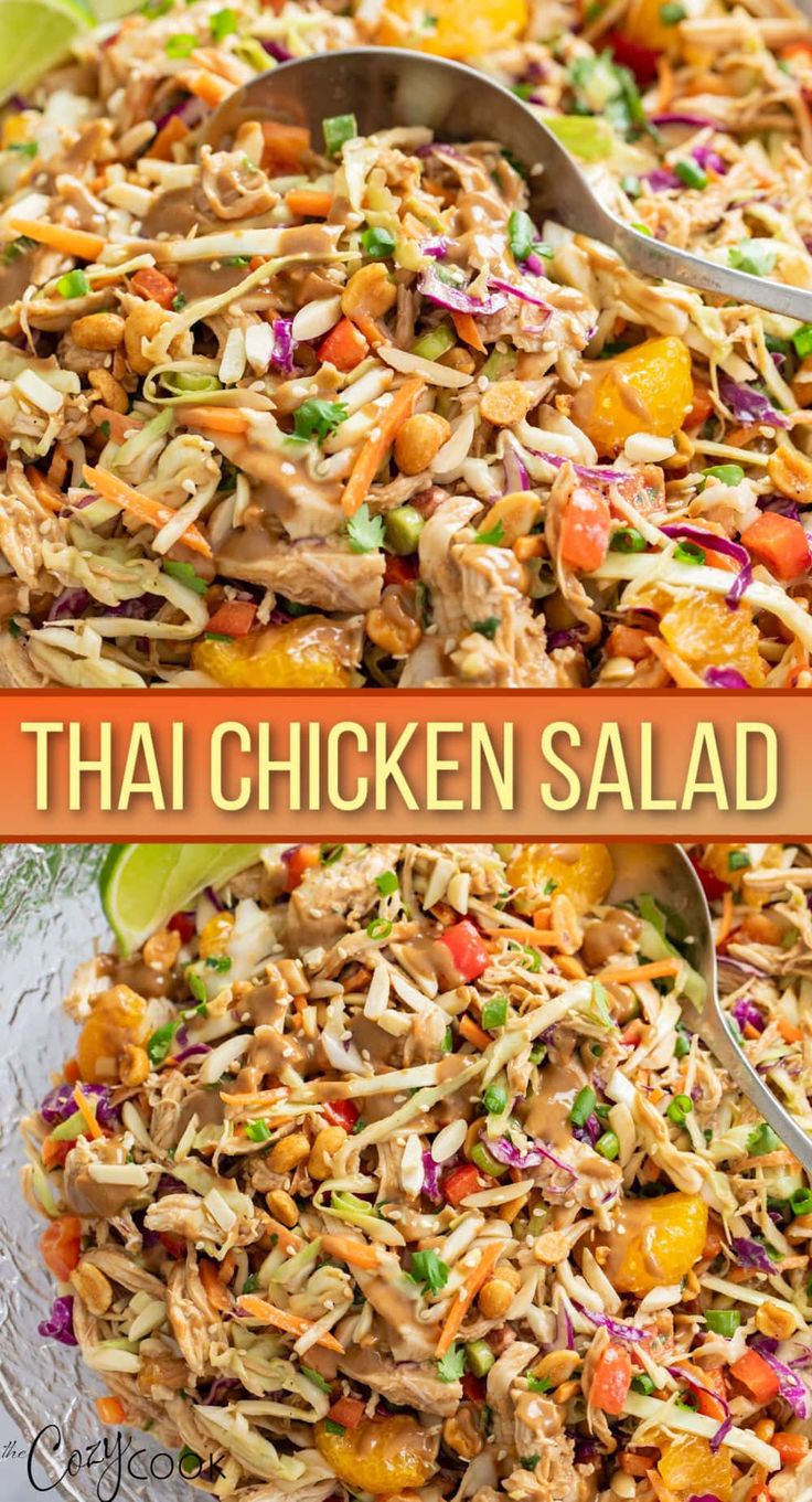 thai chicken salad in a glass bowl with a spoon on the side and text overlay that reads thai chicken salad