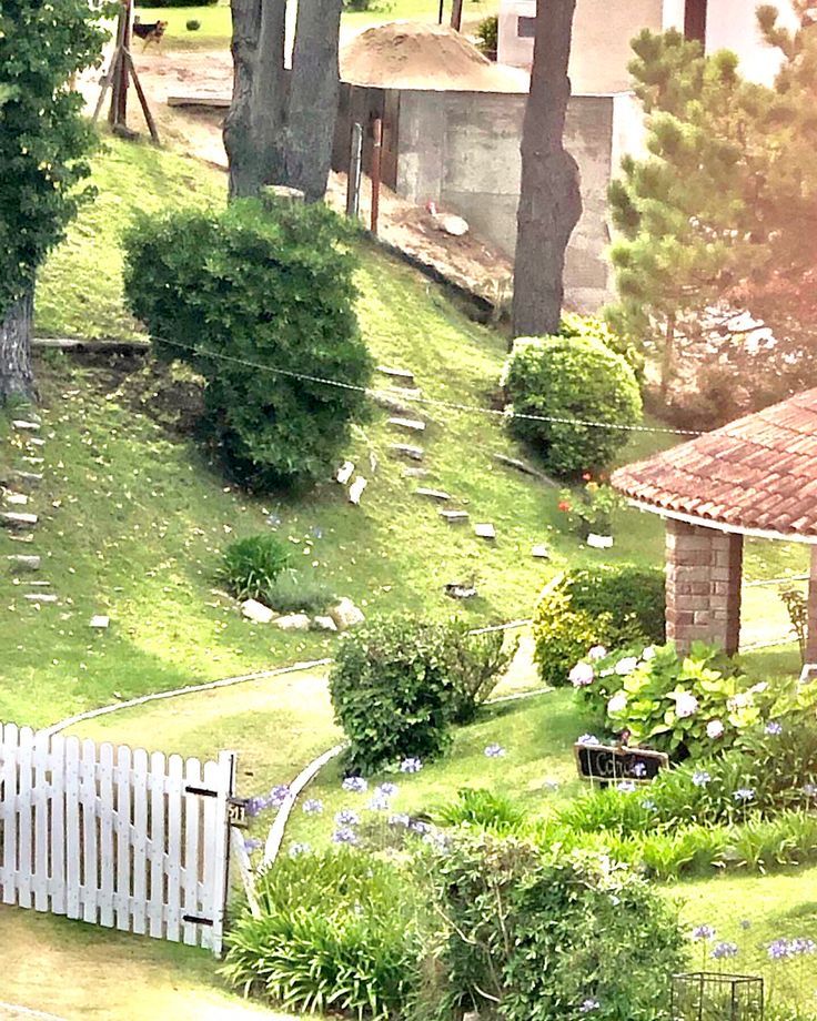 an aerial view of a white fenced in yard with trees and bushes around it