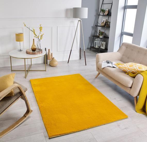 a living room filled with furniture and a yellow rug