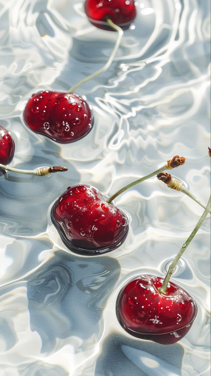 three cherries floating on top of each other in water